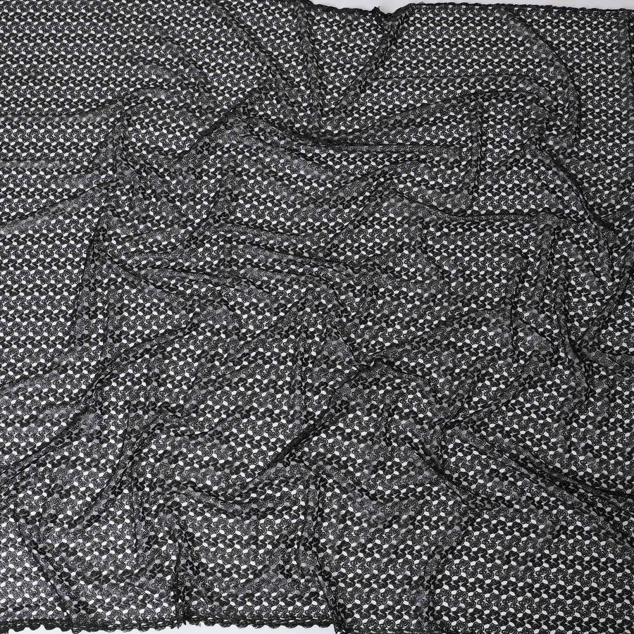 Black guipure lace fabric with silver metallic weave in fancy design-D11794