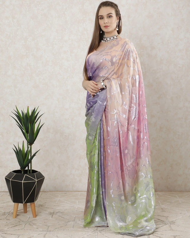 Pastel green, Lavender , peach Premium French silk chiffon saree with beige viscose and same tone metallic lurex in floral design-D10206 Regal Fabrics