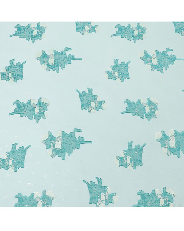 قماش شيفون حريري فرنسي (فرنساوي) فاخر باللون الأخضر الفيروزي بنفس اللون والفيسكوز البيج مع لوريكس معدني فضي بتصميم زهور -D13430