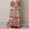 Gold nylon tulle fabric with same tone, hot pink embroidery having stone work in fancy design-D14764