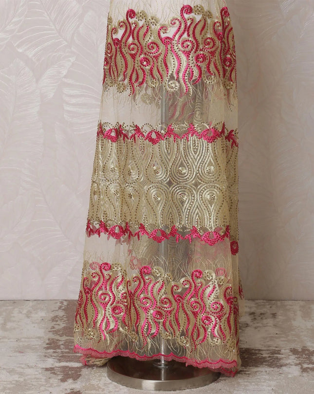 Gold nylon tulle fabric with same tone, hot pink embroidery having stone work in fancy design-D14764 Regal Fabrics