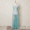 Tiffany blue nylon tulle fabric with same tone embroidery having stone work in fancy design-D13920