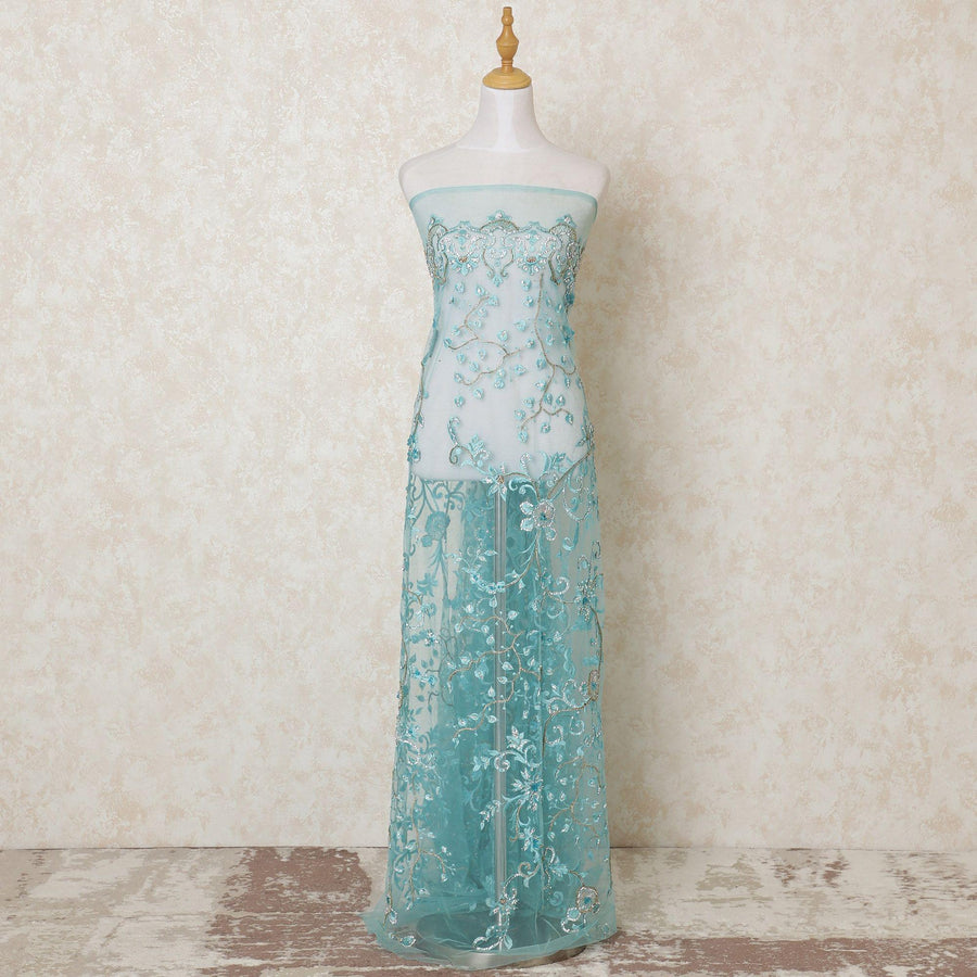 Tiffany blue nylon tulle fabric with same tone embroidery having stone work in fancy design-D13920