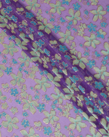 Purple Premium pure changent silk chiffon fabric with sky blue, sage green viscose having gold metallic lurex in floral design-D14648