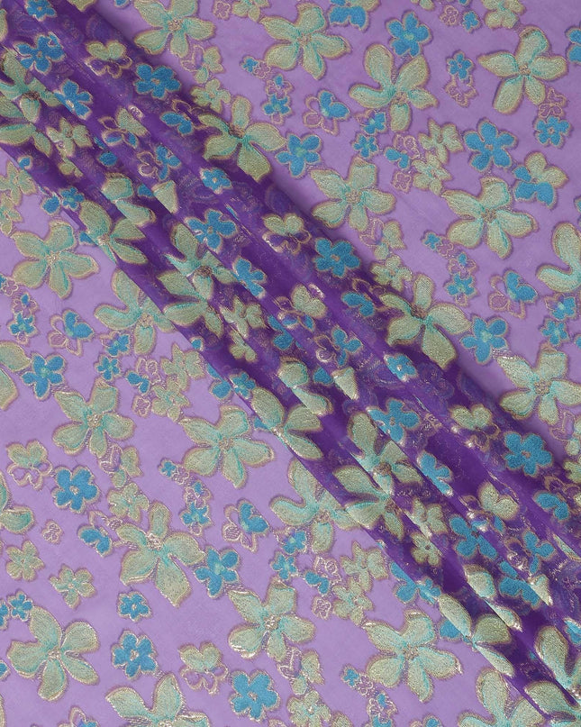 قماش من الشيفون الحريري النقي المتغير باللون الأرجواني مع اللون الأزرق السماوي والفسكوز الأخضر الداكن مع اللوريكس المعدني الذهبي بتصميم الأزهار - D14648