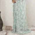 Tea green, silver Premium pure metallic French chantilly saree lace having stone work in floral design-D13508
