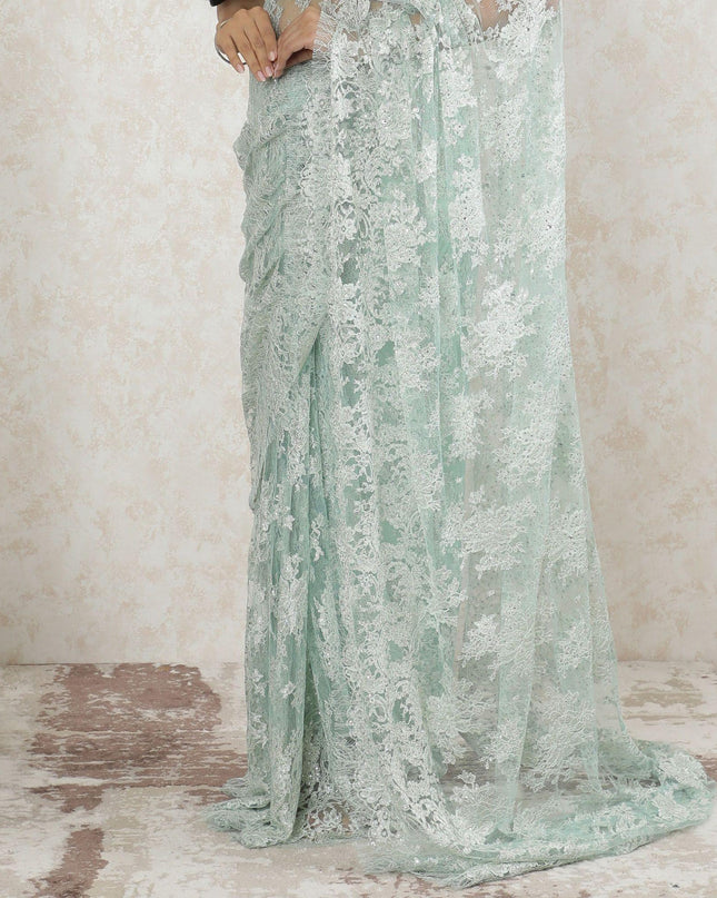 Tea green, silver Premium pure metallic French chantilly saree lace having stone work in floral design-D13508