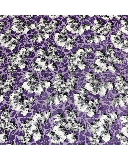 Purple Premium Italian silk chiffon dirac (makmal) fabric with black and white print having same tone velvet jacquard in floral design-D8686 Regal Fabrics