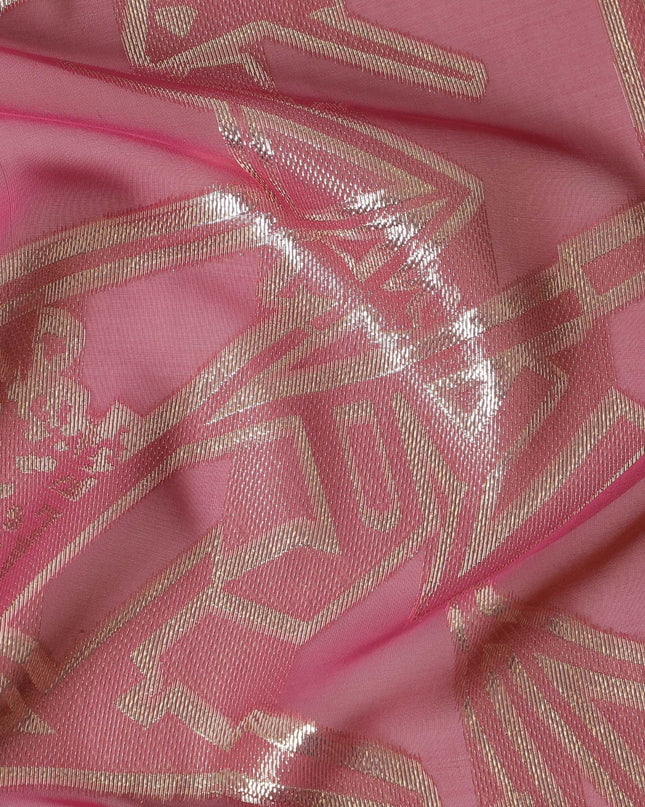 قماش شيفون من الحرير الخالص الفاخر باللون الوردي الكرزي مع لوريكس معدني ذهبي بتصميم تجريدي -D13843