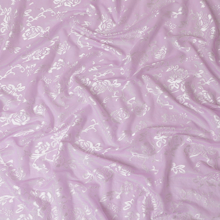 Lavender Premim pure silk chiffon fabric with silver jacquard in floral design-D15325