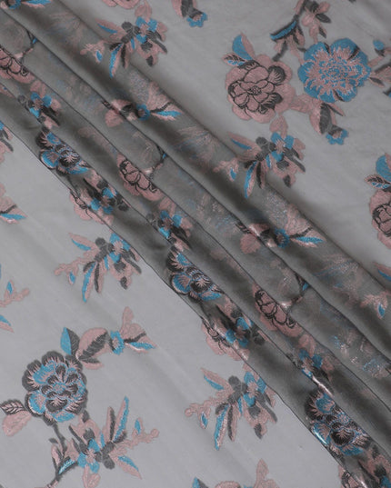 Coin grey premium pure silk chiffon fabric with copper and blue metallic lurex in floral design-D13728