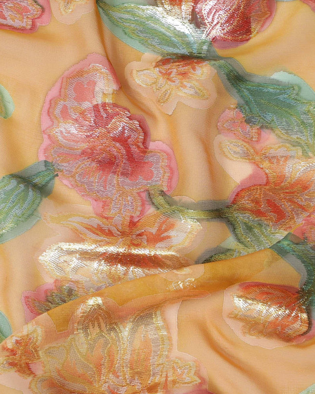 قماش شيفون حرير خالص فاخر باللون البني الخردل مع طباعة يدوية متعددة الألوان ولوريكس معدني بتصميم زهور-D10424