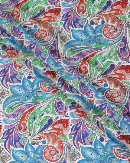 قماش ساتان من الحرير الإيطالي الخالص باللون الأبيض مع جاكار بنفس اللون مع طباعة متعددة الألوان ولوريكس معدني ذهبي بتصميم تجريدي - 14304