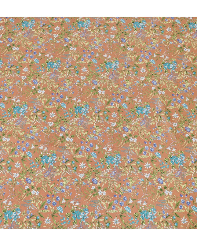 قماش قطني بني نحاسي مع طباعة متعددة الألوان بتصميم زهور-D15220