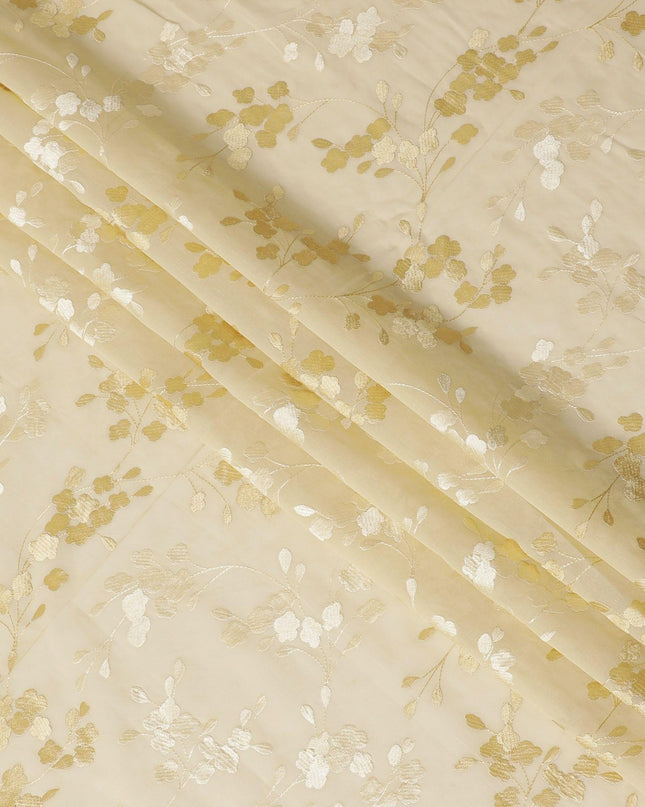 قماش الفوال القطني الخالص الذهبي الفاخر بنفس اللون والتطريز البيج بتصميم الأزهار-D13632