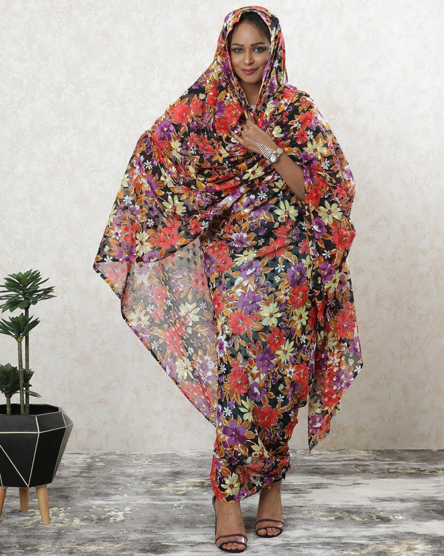 Black Premium Swiss 100% cotton voile thobe with purple, white, scarlet red and yellow print in floral design-D9489