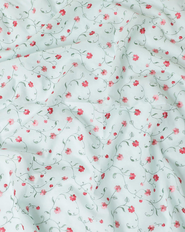 قماش الفوال القطني الأخضر Vista مع تطريز باللون الأخضر الزيتوني والأحمر القرمزي والوردي الصغير بتصميم الأزهار-D11084