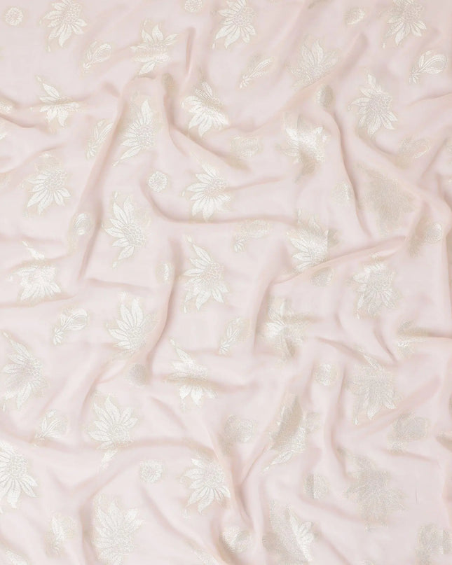 Salmon pink synthetic chiffon fabric with same tone metallic lurex having gold viscose in floral design-D11884 Regal Fabrics