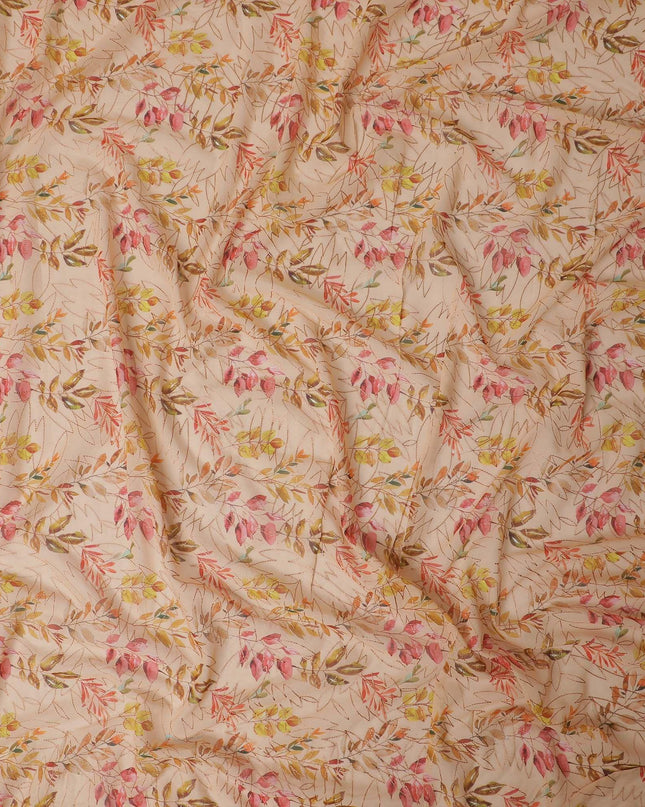 Light brown Premium pure cotton voile fabric with same tone embroidery having multicolor print in Leaf design-D13243