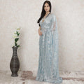 Powder blue, silver Premium pure French metallic chantilly lace saree in floral design-D14501
