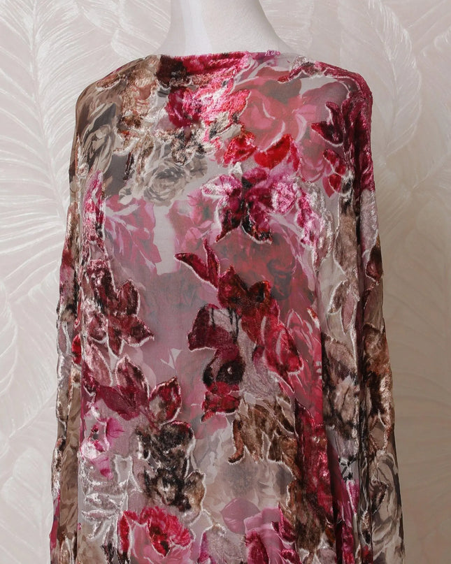 Pale brown, multicolor Premium pure silk blended velvet makmal dirac fabric with same tone metallic lurex in floral design-D14886 Regal Fabrics