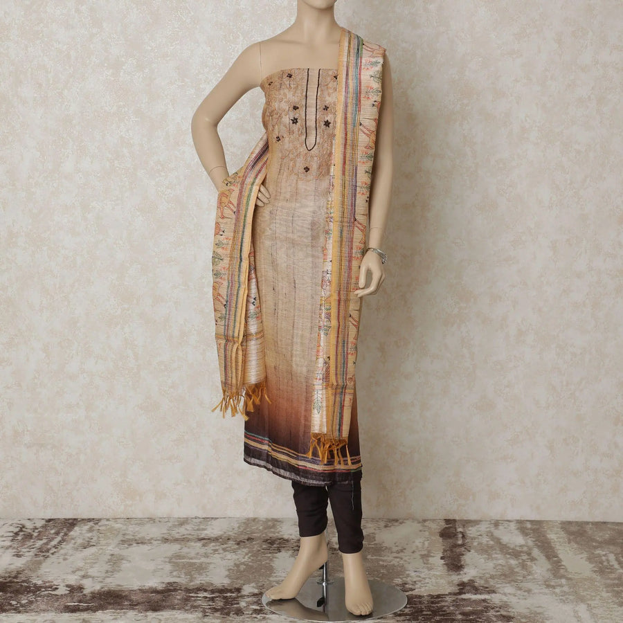 Latte beige chanderi silk kameez with pale brown and mocha brown embroidery having sequins in floral design. Mocha brown plain salwar having light beige chanderi silk dupatta with multicolor print-D12643