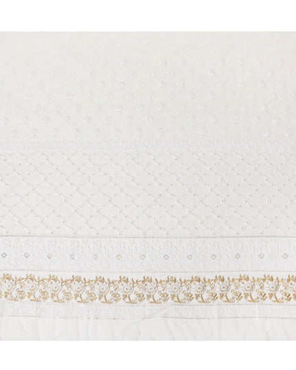 Beige nylon tulle fabric with white and gold embroidery having gold sequins in fancy design-D6907