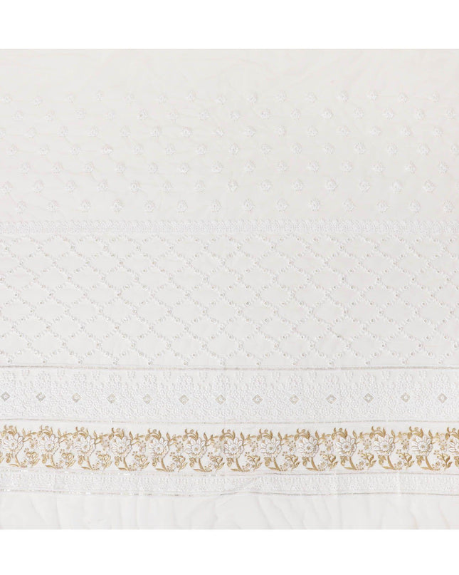 Beige nylon tulle fabric with white and gold embroidery having gold sequins in fancy design-D6907
