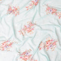 Baby blue synthetic chiffon fabric with multicolor print having silver metallic lurex in floral design-D9748