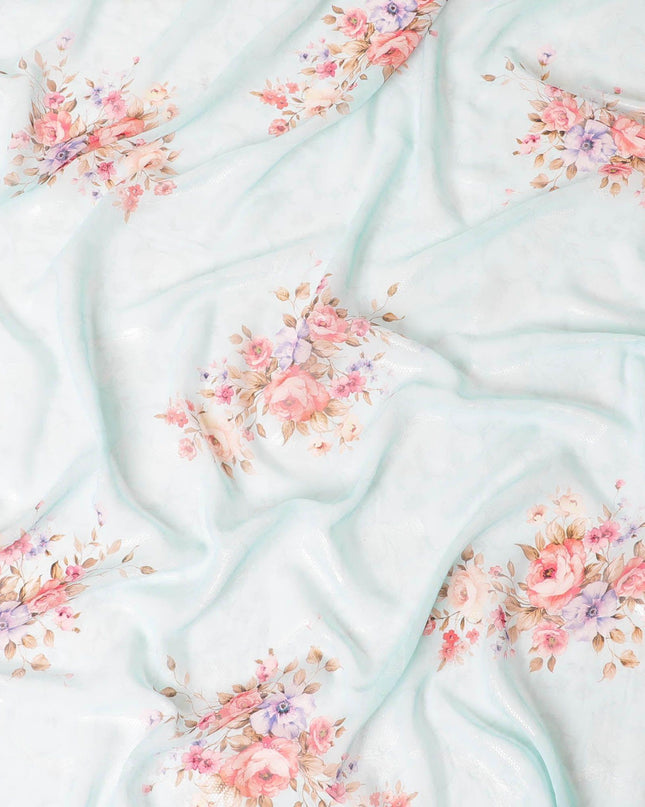 Baby blue synthetic chiffon fabric with multicolor print having silver metallic lurex in floral design-D9748