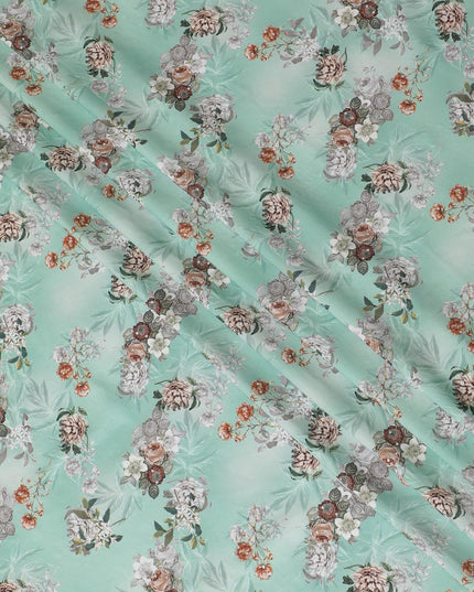 Turquoise green synthetic crepe fabric with multicolor print having stone work in floral design-D15313 - Regal Fabrics