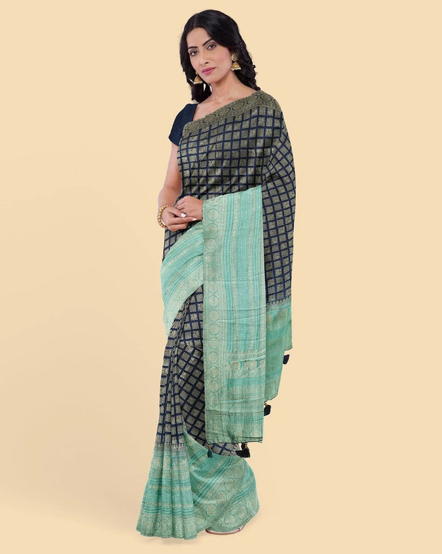 Navy blue to turquoise green imitation silk saree with gold metallic jacquard in floral design-D12785 Regal Fabrics