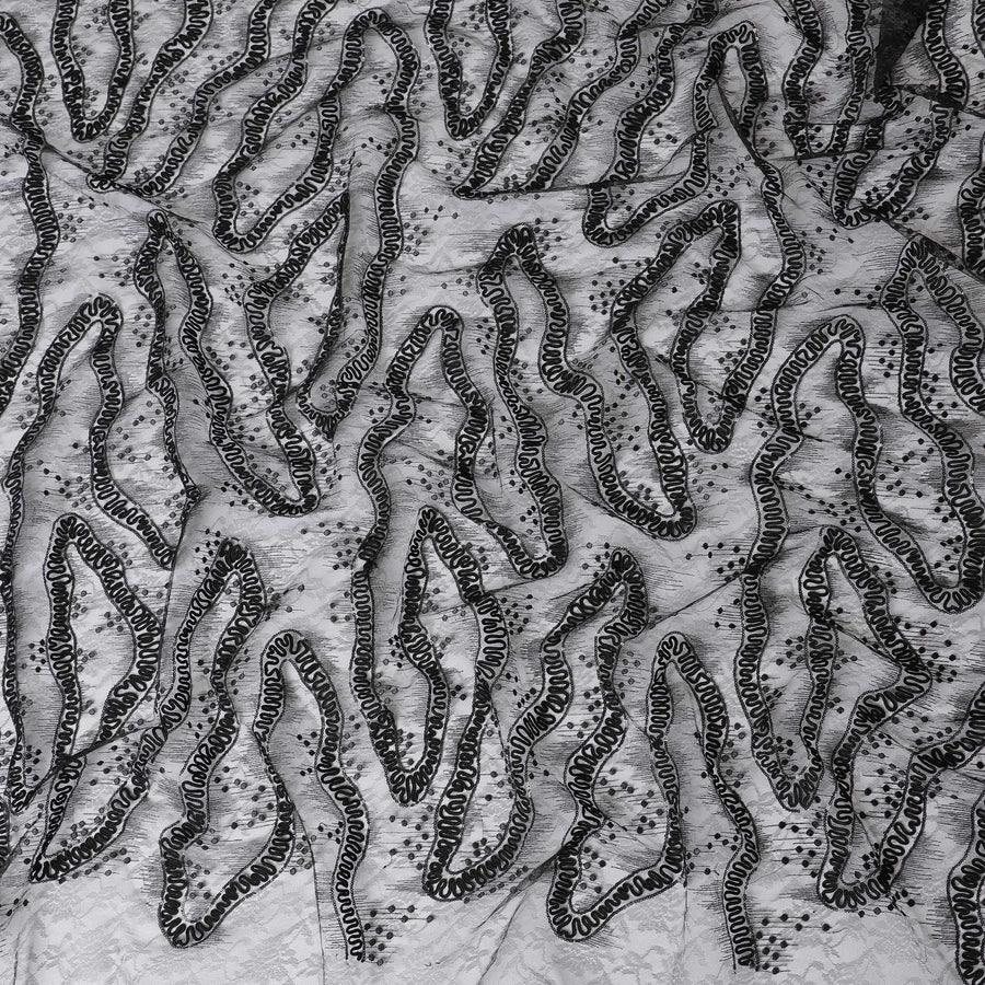 Black nylon tulle fabric with same tone embroidery having sequins in fancy design-D11792