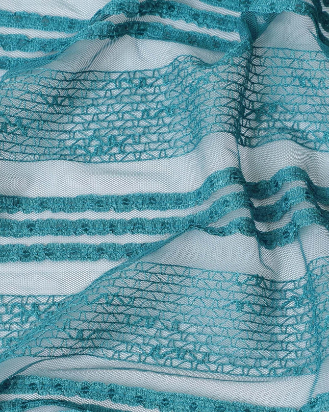 Ocean blue nylon tulle fabric with same tone embroidery and sequins in stripe design-D6671 Regal Fabrics