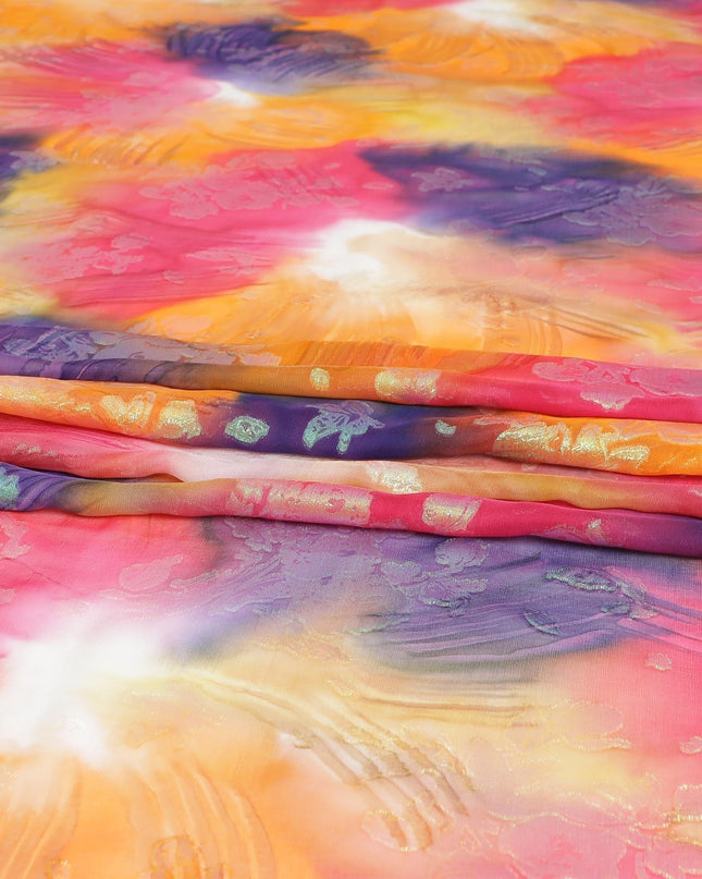 قماش شيفون حريري نقي فاخر متعدد الألوان مع لوريكس معدني أخضر نيون بتصميم زهور-D9322