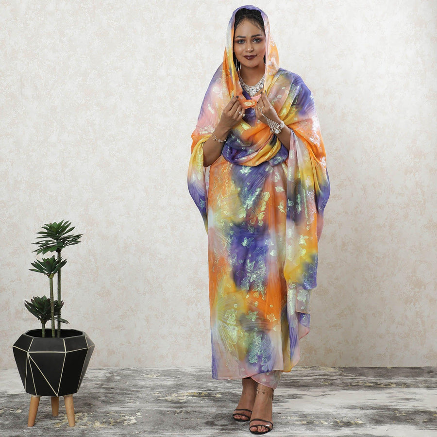 ثوب شيفون حرير خالص فاخر متعدد الألوان مع لوريكس ميتاليك أخضر نيون بتصميم زهور-D9453