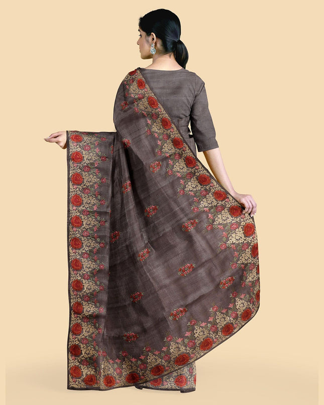 ساري حرير توسار باللون البني مع تطريز متعدد الألوان بتصميم زهور-D12796