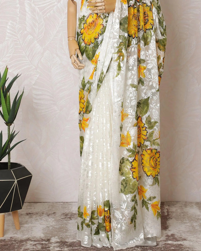 White Premium pure silk chiffon Saree with same tone jacquard, multicolor hand paint having stone work in floral design-D15495 Regal Fabrics