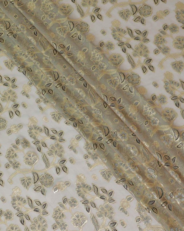 قماش شيفون حريري خالص زيتوني، بني بنفس اللون، فيسكوز أسود به لوركس معدني ذهبي بتصميم زهور - D14124