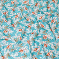 Sky blue uragiri cotton voile fabric with same tone jacquard having off white, peach and sage green print in floral design-D7339