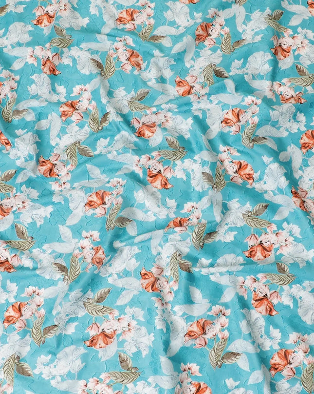 Sky blue uragiri cotton voile fabric with same tone jacquard having off white, peach and sage green print in floral design-D7339 Regal Fabrics