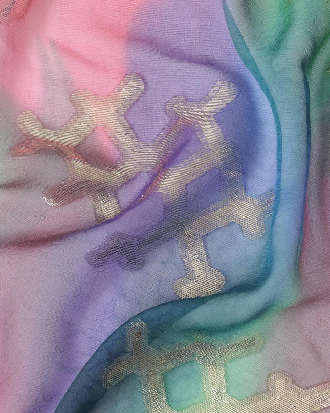 قماش شيفون من الحرير الخالص متعدد الألوان مع لوريكس معدني ذهبي بتصميم تجريدي-D10028