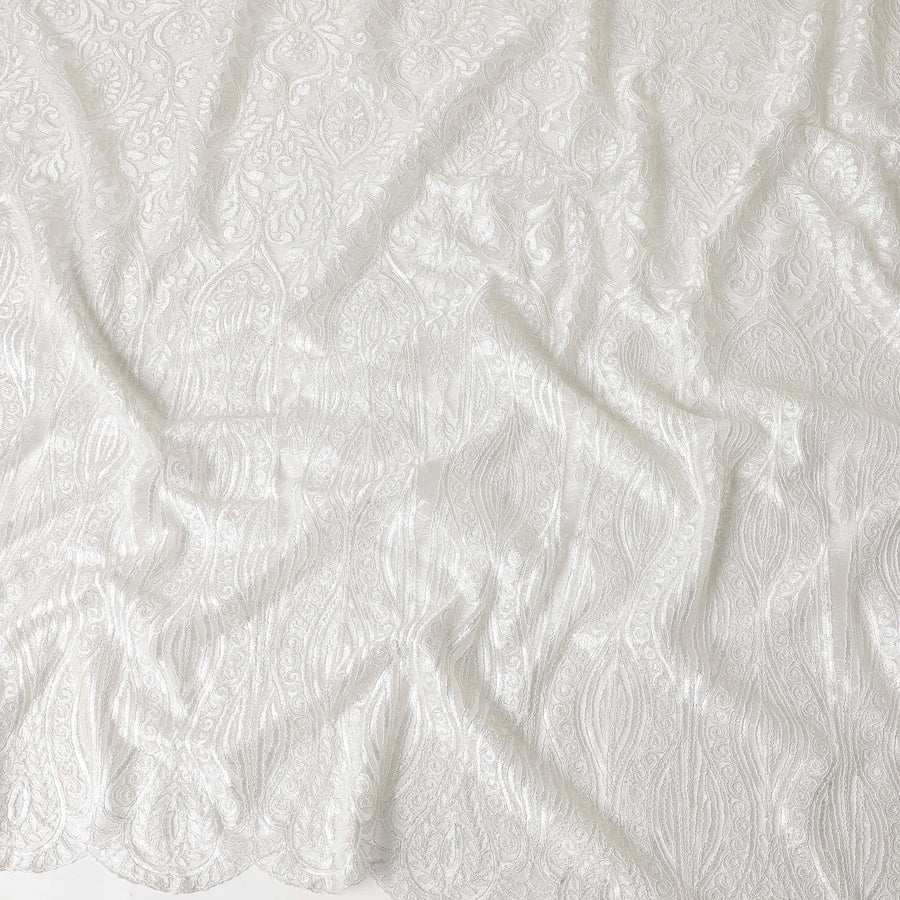 Off white nylon tulle fabric with same tone, silver embroidery in fancy design-D6048