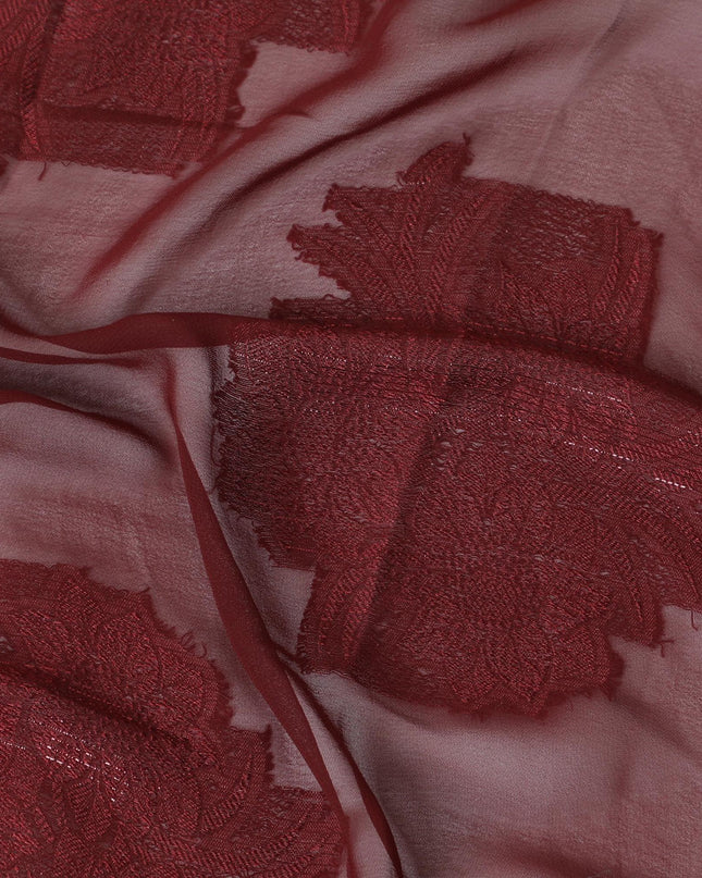Maroon synthetic chiffon fabric with same tone viscose and metallic lurex in floral design-D11904