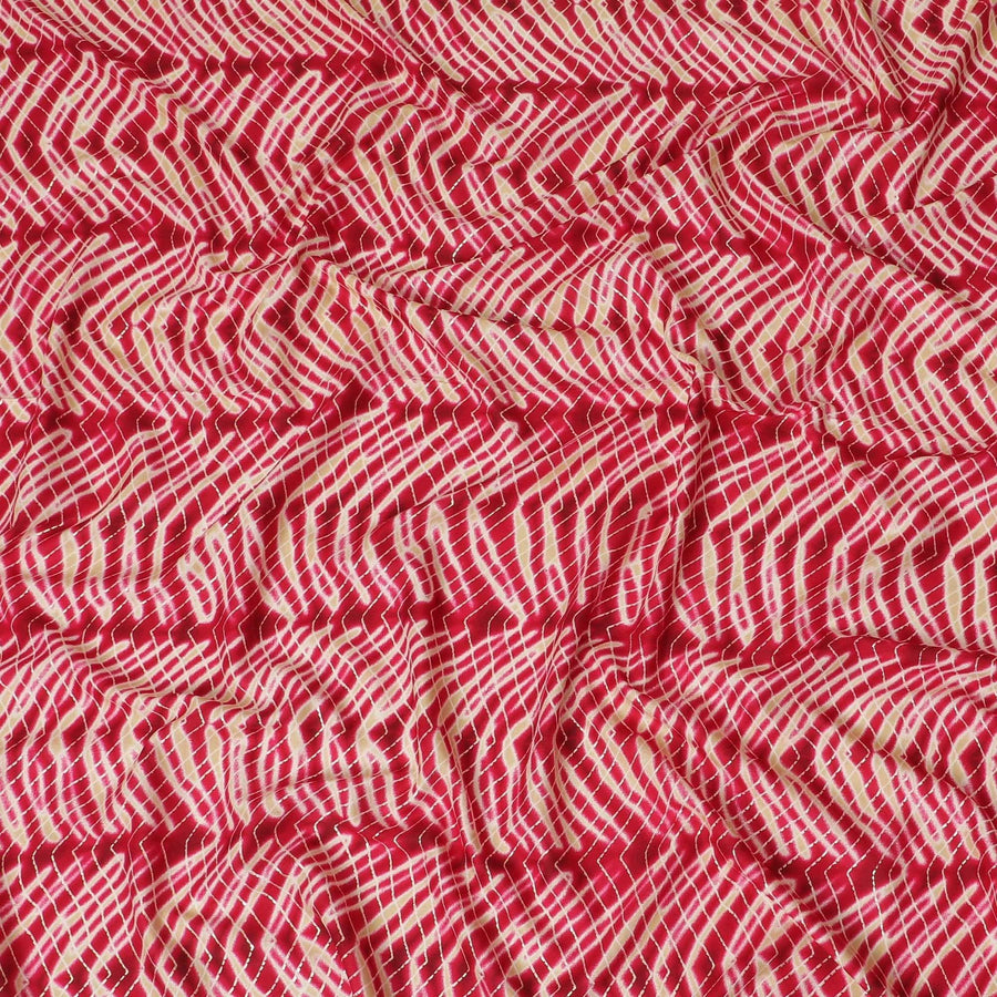 Magenta pink, beige cotton viscose fabric with gold metallic foil print in abstract design-D14188