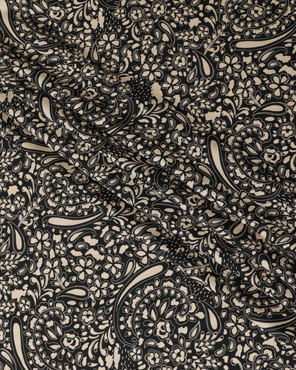 Black viscose twill printed fabric with beige prints in floral design-D11172