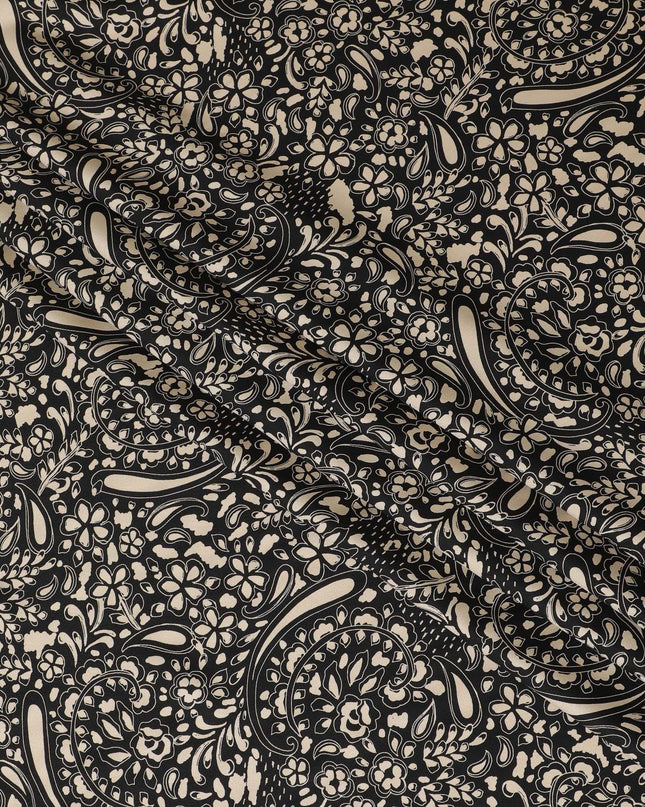 Black viscose twill printed fabric with beige prints in floral design-D11172