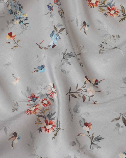 Rhino grey synthetic modal satin fabric with multicolor print in floral design-D9106 Regal Fabrics