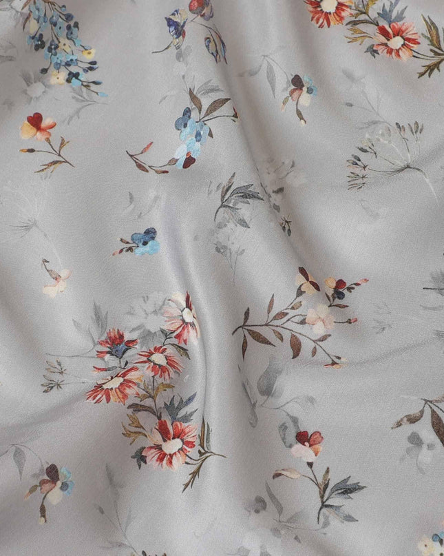Rhino grey synthetic modal satin fabric with multicolor print in floral design-D9106 Regal Fabrics