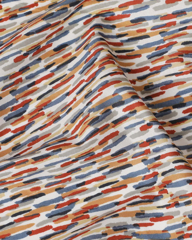 Off white cotton lawn fabric with blue, grey and red print in fancy design-D15227 Regal Fabrics